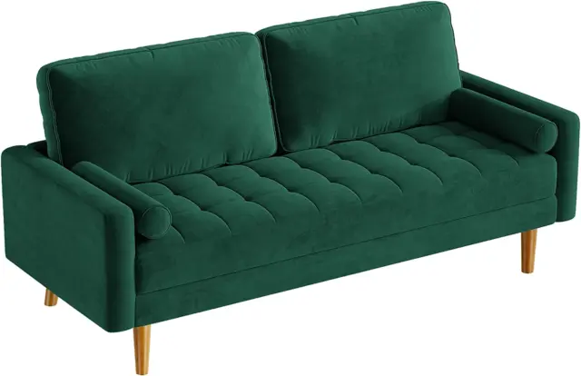 Vesgantti Green Velvet Sofa, Mid Century Modern 3 Seater Couches W/Square Armres