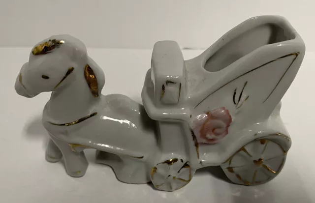 Vintage Mini white ceramic/porcelain horse and carriage handpainted JAPAN Glossy
