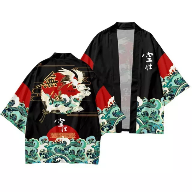 Unisex Kimono Cappotto Giacca Top Set Pantaloni Giapponese Yukata Crane Onda