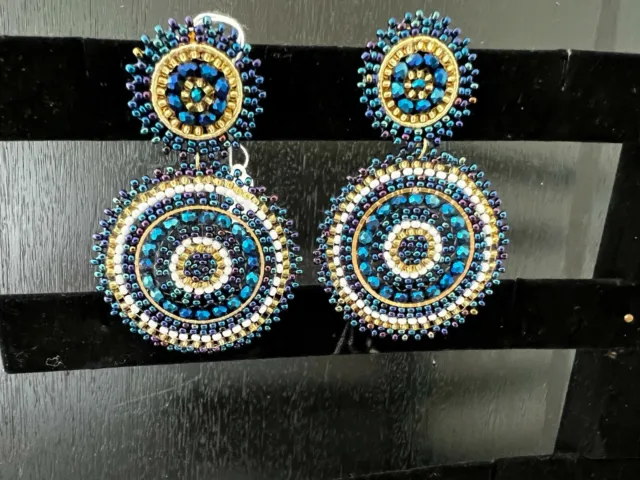 Beautiful Colombian Hand Made,With Glass Beads In Blue And Gold Colors,Earrings