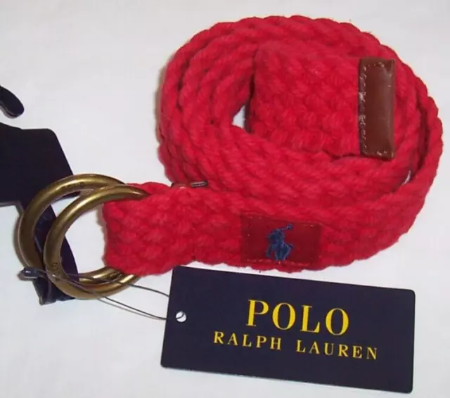 NWT Polo Ralph Lauren TRUE RED BRAIDED COTTON/Leather Trim BELT Men XL BLUE PONY