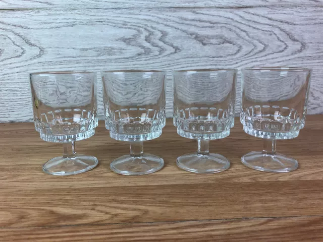 Bundle 4 x Small Pressed Glass Footed Glasses With Square Patterns Around Base