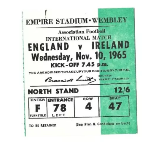 Football Match Ticket - England v Ireland - November 1965