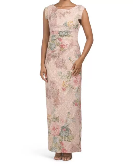 ADRIANNA PAPELL Floral Metallic Stretch Matelasse Long Column Gown (size 16)