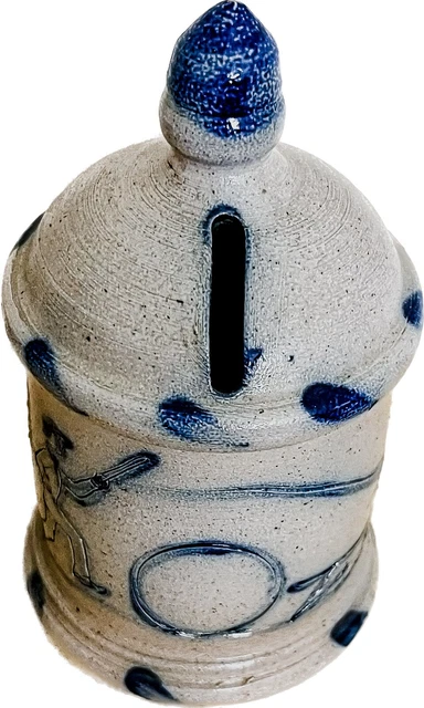 Vintage 1990 Rowe Pottery Salt Glaze Stoneware Coin Bank Etched Boy & Dog Cobalt
