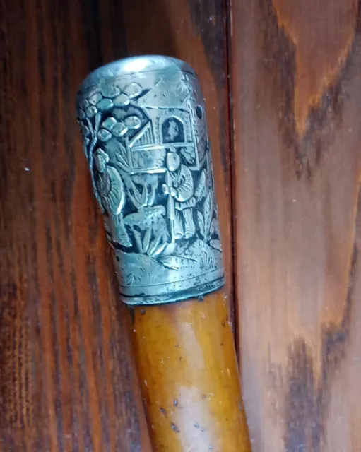 Antique Chinese Malacca Walking Cane With Oriental Silver Pommel Top