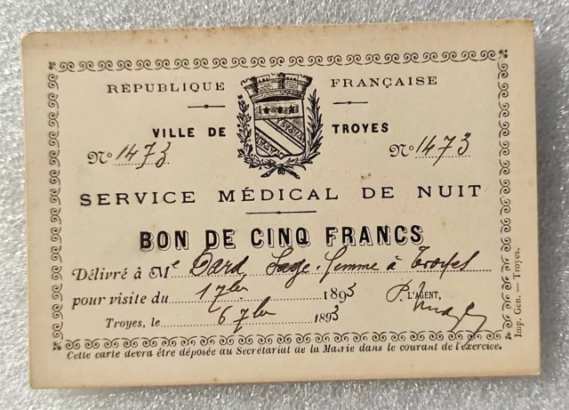 RARE BON DE CINQ FRANCS 1893 VILLE DE TROYES : billet de nécessité inédit ?