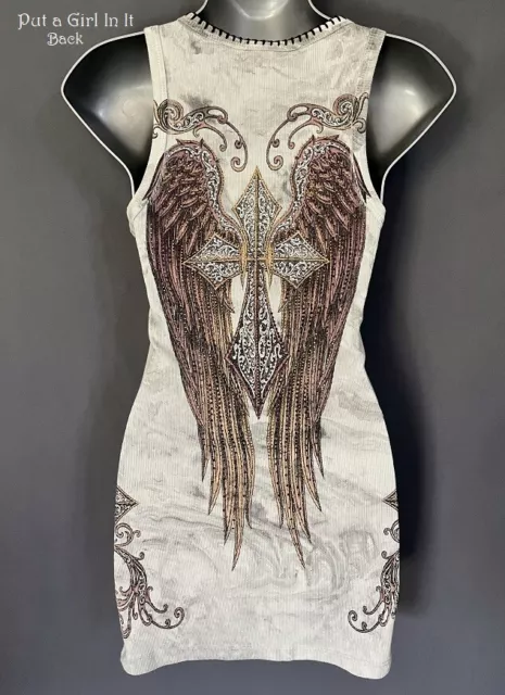 New VOCAL Womens CRYSTAL BROWN CROSS WINGS TIE DYE WHIPSTITCH TANK TOP M L XL