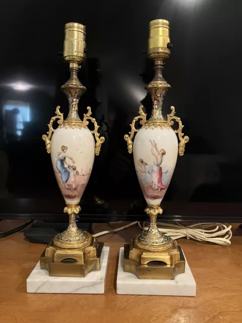 Vtg Sevres Pair French Porcelain Cloisonné Marble Cherub Signed Painted Lamps