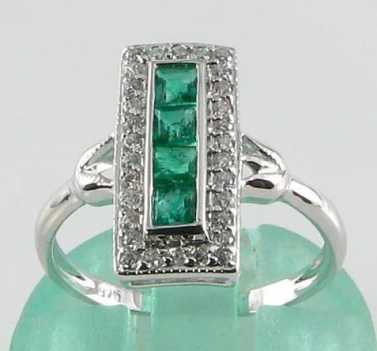 Long 9K 4Ct White Gold Plated Silver  Columbian Emerald & Diamond Cluster Ring