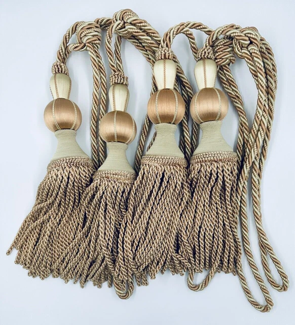 Curtain drapery Tie-Backs XL 33"L corded tassels twisted lite brown beige set/4
