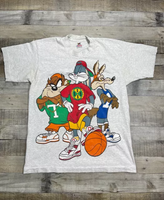 VINTAGE LOONEY TUNES Shirt Men Large Gray Bugs Taz Wile Coyote Fruit Of ...
