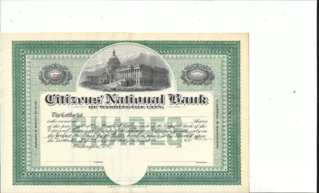 Citizens' National Bank (Washington City).....Early 1900'S Unissued Certificate