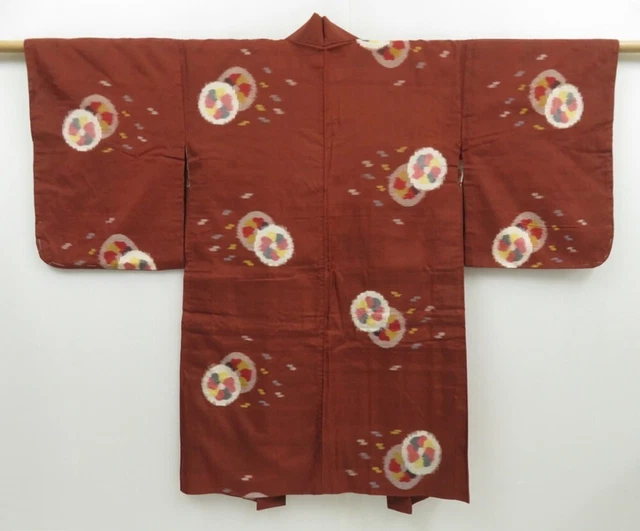 2805T03z440 Vintage Japanese Kimono Silk MEISEN HAORI Kasuri Red-Brown