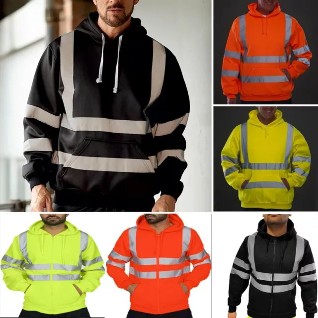 Hi Vis Viz Men Safety Visibility Work Hoodies Jacket Coat Reflective Outwear Men