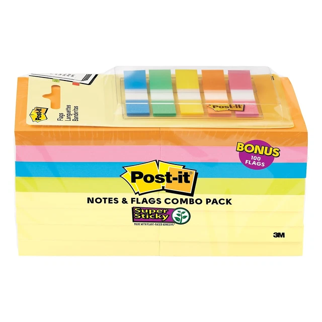 3m 65416SSCYB Notes And Flags Combo Pack, 3" X 3" Assorted Color Notes, 90