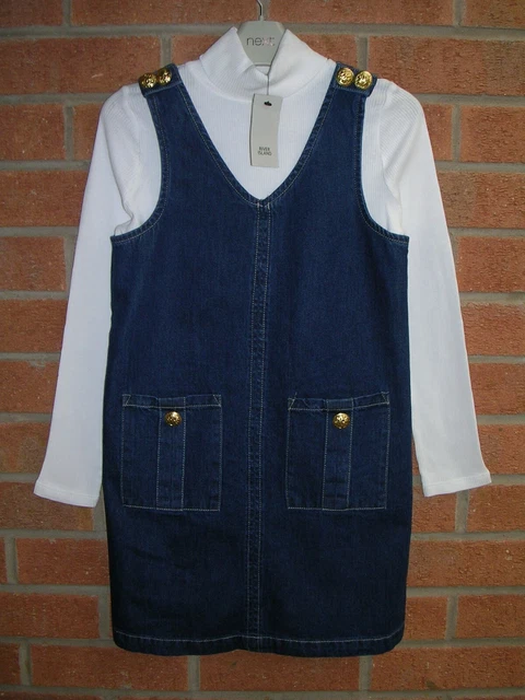 Abito in denim Pinafore per ragazze River Island nuovo con etichette e set top bianco età 8 128 cm NUOVO