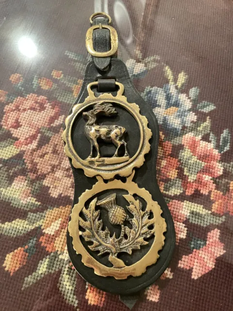 2 Vintage Equestrian Horse Medallions Brasses on Leather Harness