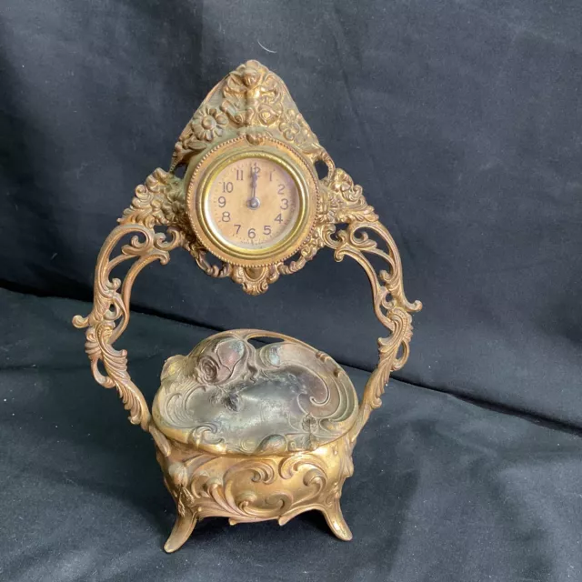 Cherub Topped  Art Nouveau Jewelry Box Casket  w/clock