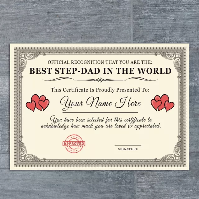 Personalised 'Best Step-Dad In The World' Certificates Gift/Print 3