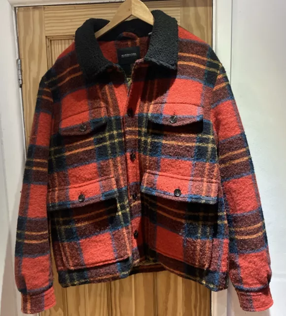 Men’s Scotch  & Soda Teddy Trucker Jacket Red Plaid ,Chore  Size XXL.