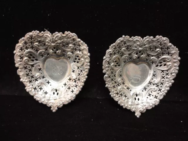 2 Antique Sterling Silver A4300 Footed Pierced Heart Shape Nut Candy Dishes