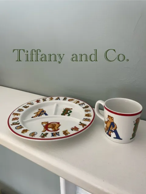 Vintage Tiffany & Co. Alphabet ABC Bears Child's Divided Plate & 6 oz Cup 1994