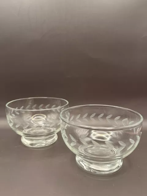 Two Vintage Anchor Hocking etched laurel leaf pattern desert bowls 1960’ Era