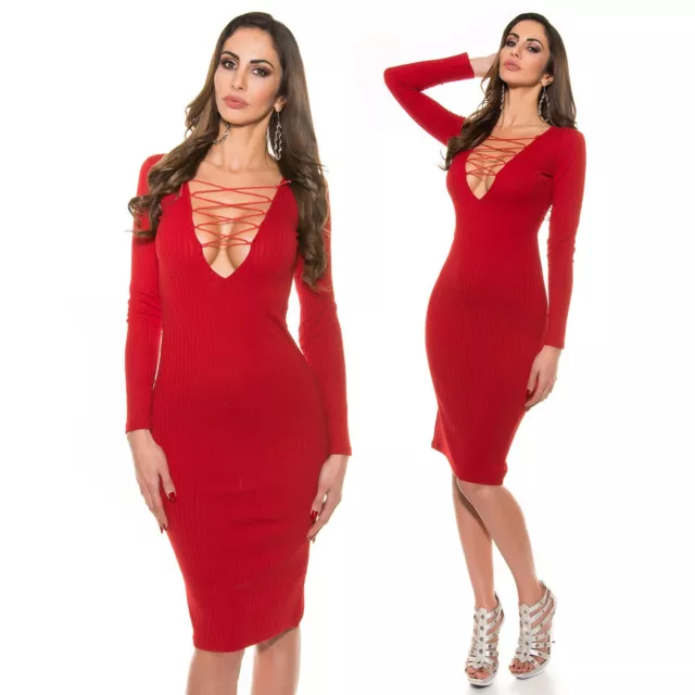 Vestito Donna Elegante Abito in Maglia Corto Rosso da Manica Lunga Aderente Sexy