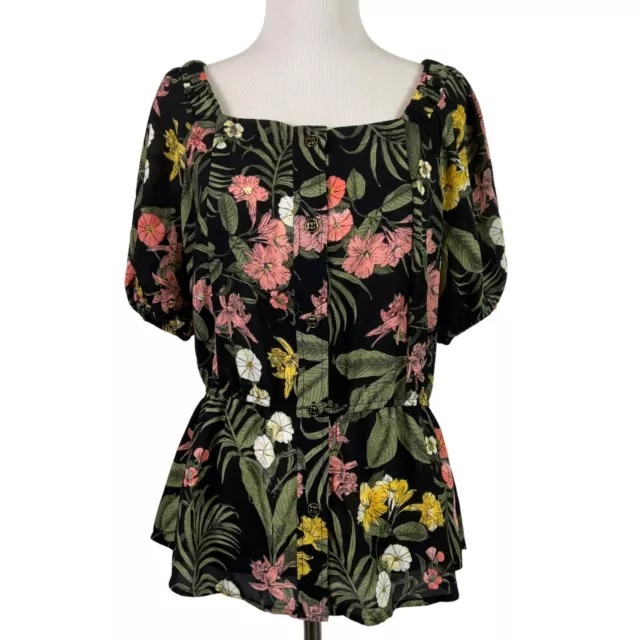 🟣🟣🟣 LIZ CLAIBORNE Women's Size Small Floral Short Sleeve Button Tunic Blouse