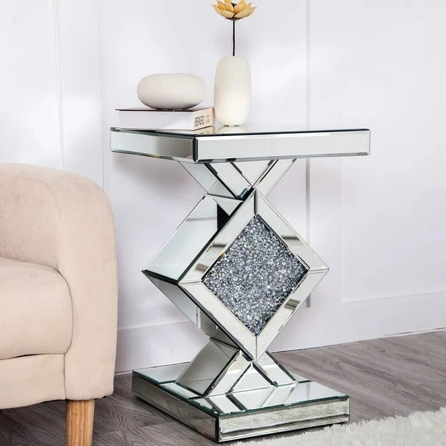 PEDESTAL GLASS END Table Mirrored and crushed crystal sparkle Glitz