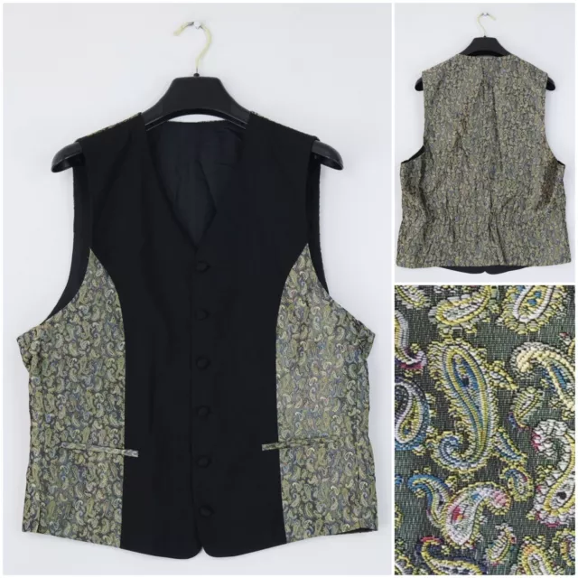 Mens Waistcoat Large Size UK 42 Vintage Black C&A Paisley Formal Dress Vest