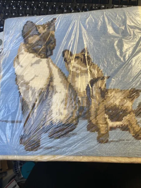 Vintage Siamese Cat & Kittens Needlepoint Wall Art Unframed 11.5"x11.5"