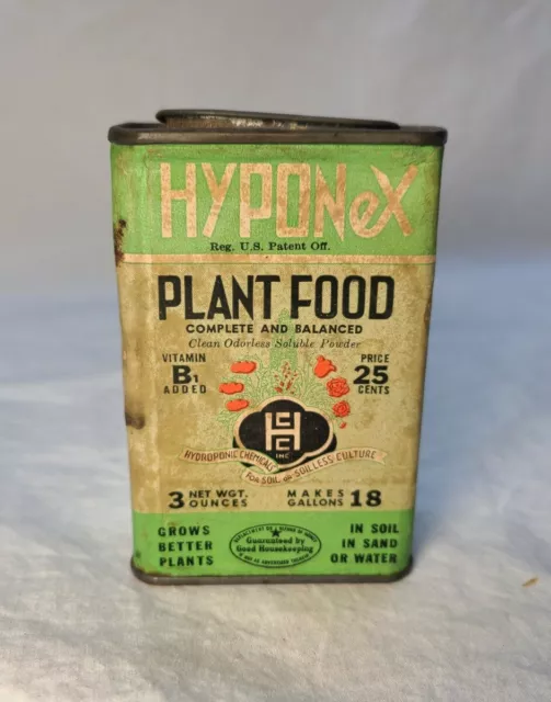 Old Vintage 1930s HYPONEX PLANT FOOD FLOWERS GRAPHIC EMPTY SPICE TIN COPLEY OHIO