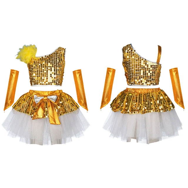 Girl Sparkly Sequins Dance Outfits Costume Crop Top with Tutu Skirt Shiny Gloves