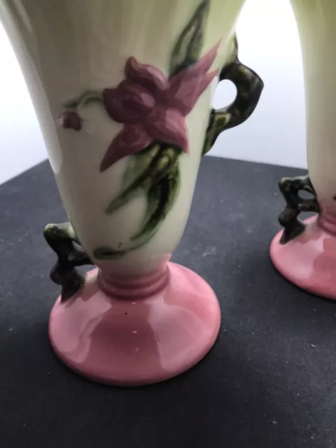 Hull Pottery Pair Chartreuse / Pink Pair Of Vases Woodland W-8 7.5” 3