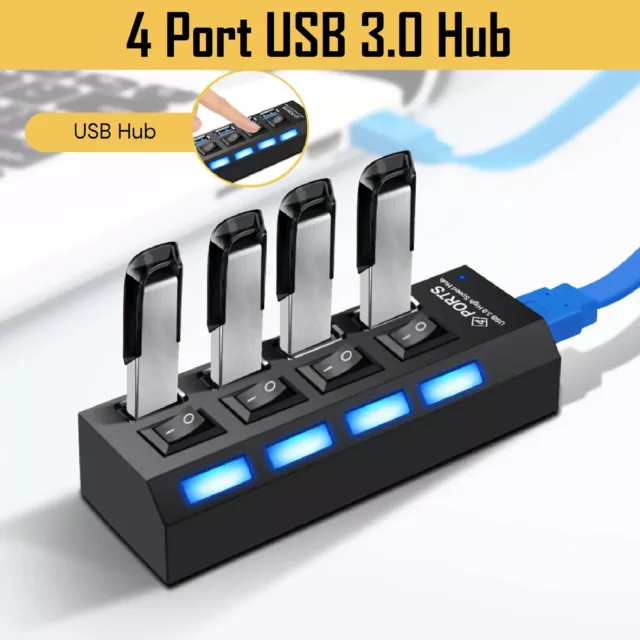 USB 3.0 Multi Charger Hub High Speed Adapter 4-Port ON/OFF Switch Laptop/PC AU