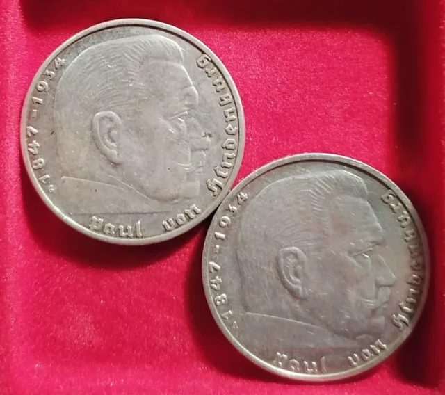 Allemagne 2 reichmark 1938 A et 1939 G. Paul Von Hindenburg WWII Argent / Silver 2