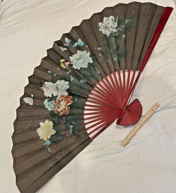 Large Asian Folding Fan Butterflies Flowers Wall Hanging Vintage Signed 61 x 35