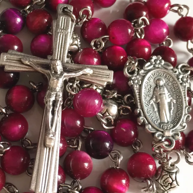 Red Tiger Eye & Silver Rose Prayer Beads ROSARY CROSS CRUCIFIX NECKLACE CATHOLIC