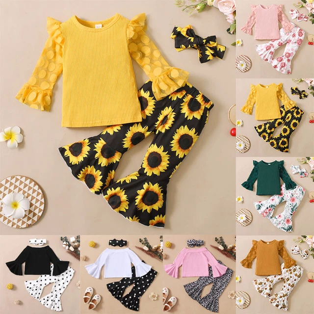 Baby Girls Toddler Long Sleeve Tops + Flared Pants + Headband Clothes Outfit Set