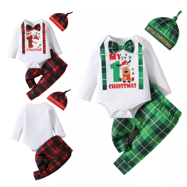 Baby Girls Boys Bodysuit Set Bowtie Romper Cotton Christmas Outfit 3Pcs Soft