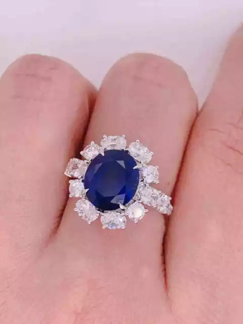 6.34CT Oval Shape Ceylon Royal Blue Sapphire With White Clear CZ Halo Women Ring