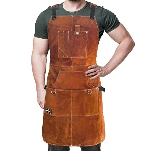 Work Apron with Tool Pockets - Heavy Duty Shop Apron for Leather Brown