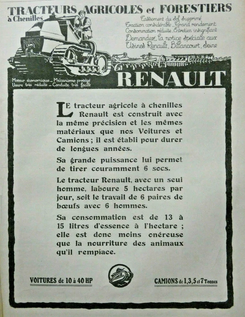 Publicité De Presse 1920 Tracteurs Agricoles Et Forestiers Renault