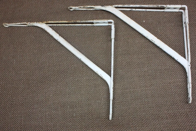 2 Old Shelf Brackets 7 X 9" Supports Rustic Industrial Steel Vintage White Paint 2