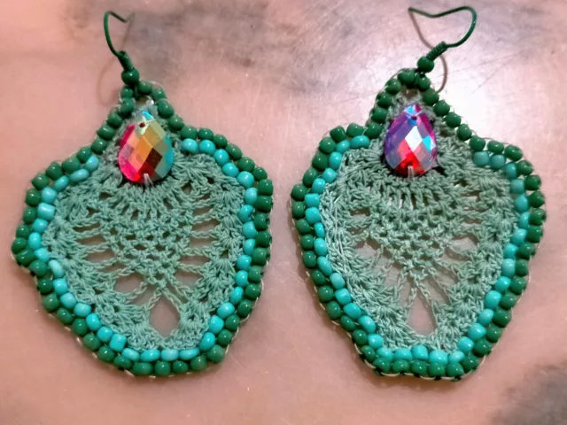 Hand Made Crocheted Beaded Earrings  Unique Green Cotton Crafted Vintage Style.