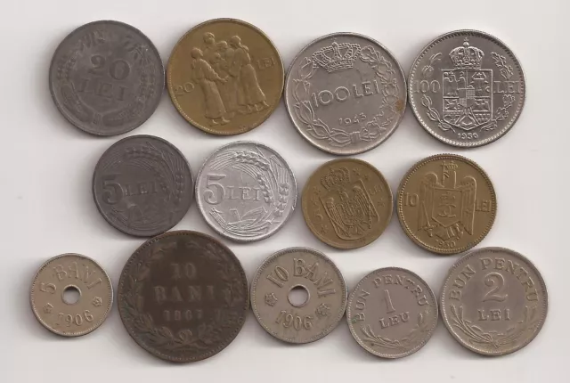 Romania, 13 coins, different dates 1906-1947 all listed. #42