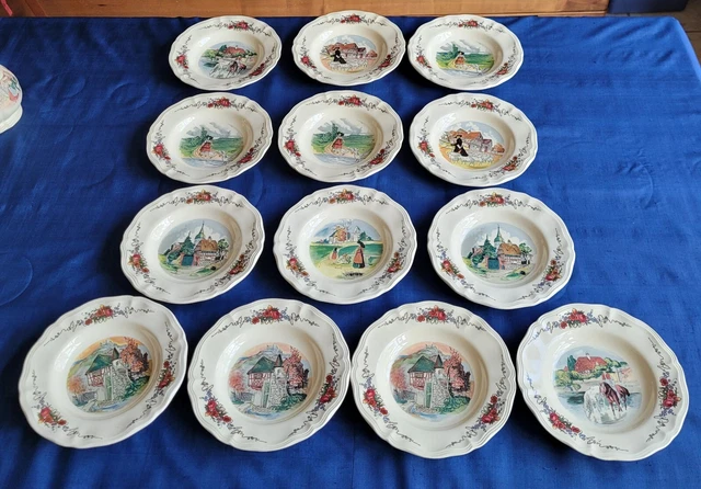 13 Assiettes creuses en faïence de Sarreguemines, modèle Obernai de H. Loux