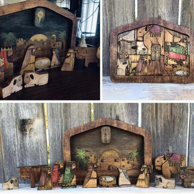 WOODEN STATUE NATIVITY Scene Set Baby Jesus Holiday Crib Figurines